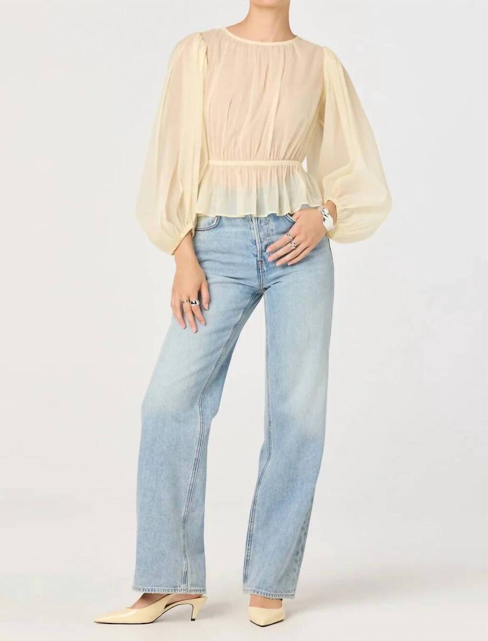 NEW ASTR amie sheer balloon sleeve top in lemon